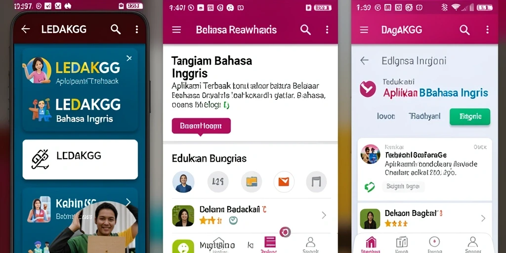 Tampilan antarmuka pengguna LEDAKGG untuk belajar Bahasa Inggris.